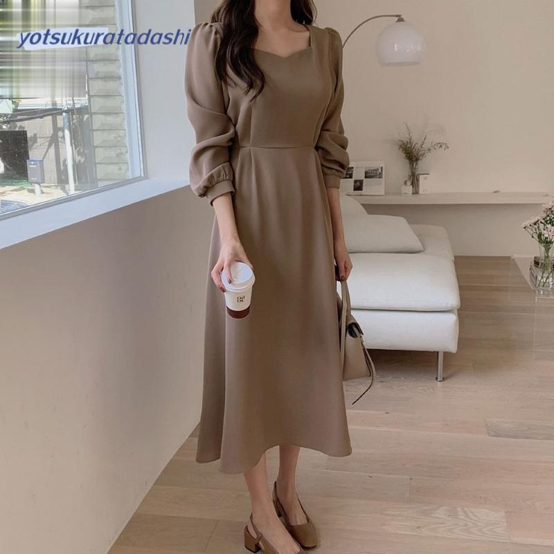 ワンピース レディース 40代 50代 きれいめ 春 秋 フォーマル 無地 スクエアネック 長袖 パフスリーブ ロング丈 Aライン