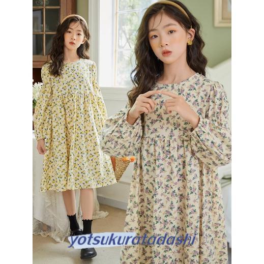 子供服 長袖ワンピース 発表会 カーキ ネイビー 春 秋 冬 ワンピース 重ね着風 韓国子供服 キッズ 女の子 花