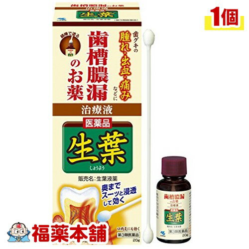 詳細情報商品詳細●塗って治す歯槽膿漏薬●綿棒で塗る●歯と歯茎のすきまにもすばやくしみ込む液体タイプ●殺菌作用：ヒノキチオール(ヒバ含有成分)、塩化セチルピリジニウム●抗炎症作用：グリチルリチン酸ニカリウム(甘草由来成分)●組織修復作用：アラントイン●生葉液薬は歯茎の腫れ・うみ・痛み・むずがゆさ、口臭など歯肉炎・歯槽膿漏における諸症状、口内炎に優れた効きめがあります。●生葉液薬は液体タイプなので、4つの有効成分を歯周ポケットにもすばやく行きわたらせ、効果的に作用し、優れた効きめを発揮します。●生葉液薬は歯茎にスーッとしみ込むような爽やかな使用感です。歯肉炎、歯槽膿漏における諸症状(歯ぐきの出血・発赤・はれ・うみ・痛み・むずがゆさ・口のねばり、口臭)の緩和、口内炎用法 用量歯肉炎・歯槽膿漏：1日2回(朝・晩)ブラッシング後、適量(約0.3g)を綿棒を用いて歯ぐきにに塗り込む。口内炎：1日2-4回、適量を患部に塗布する。「用法・用量に関する注意」(1)小児に使用させる場合には、保護者の指導監督のもとに使用させること(2)歯科用にのみ使用すること製品のお問合せ先(小林製薬株式会社 お客様相談室) 0120-5884-01(受付時間9：00-17：00 土日祝日を除く)発売元小林製薬株式会社〒541-0045 大阪市中央区道修町4-4-10製造販売元小林製薬株式会社〒567-0057 大阪府茨木市豊川1-30-3成分(100g中)有効成分：分量、働きヒノキチオール：0.1g、殺菌作用塩化セチルピリジニウム：0.05g、殺菌作用グリチルリン酸ニカリウム：0.4g、抗炎症作用アラントイン：0.3g、組織修復作用●添加物として、エデト酸カルシウムニナトリウム、クエン酸、モノオレイン酸ポリオキシエチレンソルビタン、ハッカ油、キシリトール、香料、プロピレングリコール、エタノールを含有する。●添加物としてエデト酸Na、ジイソプロパノールアミン、ステアリルアルコール、セタノールを含有します。(その他の添加物成分は、説明文書をご覧ください。注意事項★保管および取扱い上の注意・直射日光の当たらない涼しいところに密栓して保管すること・小児の手のとどかないところに保管すること・他の容器に入れ替えないこと(誤用の原因になったり品質が変わる)★使用上の注意「相談すること」1.次の人は、使用前に医師、歯科医師または薬剤師に相談すること。(1)医師または歯科医師の治療を受けている人(2)本人または家族がアレルギー体質の人(3)薬によりアレルギー症状を起こしたことがある人2.次の場合は、直ちに使用を中止し、この文書を持って医師または薬剤師に相談すること。(1)使用後、次の症状があらわれた場合「関係部位：症状」・皮ふ：発疹・発赤・かゆみ・その他：味覚異常(2)5-6回使用しても症状がよくならない場合・ご使用に際し、この説明書きを必ずお読みください。・また必要な時に読めるよう大切に保管してください。・使用期限(外箱およびボトル裏面に記載)を過ぎた製品は使用しないこと。製造販売元小林製薬区分第3類医薬品広告文責株式会社福田薬局　薬剤師：福田晃 商品のお問合せ本剤について、何かお気付きの点がございましたら、福薬本舗(ふくやくほんぽ)又は下記までご連絡お願いします。●製造販売／販売会社小林製薬541-0045 大阪府大阪市中央区道修町4-4-10※お問合せ番号は商品詳細参照受付時間：午前9:00−午後5:00 / (土・日・祝日・年末年始を除く) 救済制度のご相談●医薬品副作用救済制度独立行政法人医薬品医療機器総合機構〒100-0013 東京都千代田区霞が関3-3-2　新霞が関ビルフリーダイヤル 0120-149-931 受付時間：午前9:00−午後5:00 / (土・日・祝日・年末年始を除く)