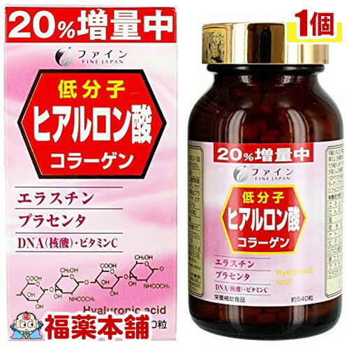 詳細情報商品詳細●ヒアルロン酸はムコ多糖類の一種で身体の結合組織などに多く存在しています。ヒアルロン酸は保水性に優れており、その保水力はコンドロイチンの約6000倍といわれていますが、加齢と共に減少していきますので、ヒアルロン酸を補う必要があります。●ファインヒアルロン酸はニワトリのトサカから得られた低分子化したヒアルロン酸含有ムコ多糖類を主成分にコラーゲン、サケ白子抽出物(DNA)、プラセンタおよびビタミンC、更にエラスチンを加えた栄養補助食品です。召し上がり方・1日10〜20粒を目安に2〜3回に分けて、水又はお湯でお召し上がりください。原材料複合ムコ多糖(ヒアルロン酸含有(鶏由来))、コラーゲン(豚由来)、サケ白子抽出物(DNA)、豚抽出プラセンタ(国産)、エラスチンペプチド、ビタミンC、ショ糖脂肪酸エステル栄養成分エネルギー・・・7.6kcaLたんぱく質・・・1.7g脂質・・・0g炭水化物・・・0.2gナトリウム・・・33.0mgビタミンC・・・112mgヒアルロン酸含有ムコ多糖・・・1125mg精製コラーゲン・・・450mgプラセンタ(国産)・・・112mgエラスチンペプチド・・・50mg注意事項・体質に合わないと思われる時は、お召し上がりの量を減らすか、または止めてください。・開封後はなるべくお早めにお召し上がりください。・自然素材の原料を使用しておりますので、味や色に多少の変化がありますが、品質には問題ありませんので安心してお召し上がりください。製造販売元ファイン広告文責株式会社福田薬局 商品のお問合せファイン533-0021 大阪市東淀川区下新庄5丁目7番8号0120-056-356受付時間：午前9:00−午後5:00 / (土・日・祝日・年末年始を除く) 健康食品について※病気にかかっている人、薬を飲んでいる人 ● 健康食品を自己判断では使わない。使うときは必ず医師・薬剤師に伝える。 ● 健康食品と薬を併用することの安全性については、ほとんど解明されていないことから、医師や薬 剤師に相談するほか、製造者、販売者などにも情報を確認するようにしましょう。※健康増進の一番の基本は栄養（食事）・運動・休養です。●健康食品に頼りすぎるのではなく、まずは上記の3要素を日頃から見直しましょう。