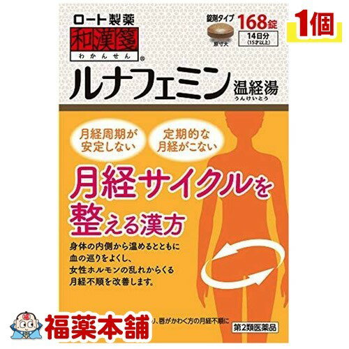 詳細情報商品詳細●ルナフェミン(温経湯)は、身体を内側から温めるゴシュユやショウキョウ、滞った血の巡りを改善するボタンピやセンキュウ、血を補うトウキやシャクヤクなど、12種類の生薬からなる漢方薬です。●身体の内側から温めるとともに血の巡りをよくし、女性ホルモンの乱れなどからくる月経不順や月経困難、足腰の冷えを改善します。●錠剤の直径は1cm。●体力中等度以下で、手足がほてり、唇がかわく7才以上の方から服用できます。製品情報効能 効果体力中等度以下で、手足がほてり、唇がかわくものの次の諸症：月経不順、月経困難、こしけ(おりもの)、更年期障害、不眠、神経症、湿疹・皮膚炎、足腰の冷え、しもやけ、手あれ(手の湿疹・皮膚炎)用法 用量次の量を1日3回食前又は食間に、水又はお湯で服用すること。※食間とは、食後2〜3時間を指す。(年齢・・・1回量)・成人(15才以上)・・・4錠・7才以上15才未満・・・3錠・7才未満・・・服用しないこと(用法・用量に関連する注意)(1)用法・用量を厳守すること。(2)小児に服用させる場合には、保護者の指導監督のもとに服用させること。成分(12錠中)温経湯エキス3520mg(ハンゲ2.0g、バクモンドウ2.0g、トウキ1.5g、センキュウ1.0g、シャクヤク1.0g、ニンジン1.0g、ケイヒ1.0g、ゼラチン1.0g、ボタンピ1.0g、カンゾウ1.0g、ゴシュユ0.5g、ショウキョウ0.25gより抽出)を含む。添加物として、メタケイ酸アルミン酸Mg、炭酸水素K、ラウリル硫酸Na、ステアリン酸Mg、マクロゴール、カラメル、ヒプロメロース、タルクを含む。※本剤は天然物(生薬)のエキスを用いているため、錠剤の色が多少異なることがある。注意事項(使用上の注意)★相談すること1.次の人は服用前に医師、薬剤師又は登録販売者に相談すること。(1)医師の治療を受けている人(2)妊婦又は妊娠していると思われる人(3)胃腸の弱い人(4)高齢者(5)今までに薬などにより発疹・発赤、かゆみ等を起こしたことがある人(6)次の症状のある人：むくみ(7)次の診断を受けた人：高血圧、心臓病、腎臓病2.服用後、次の症状があらわれた場合は副作用の可能性があるので、直ちに服用を中止し、この袋を持って医師、薬剤師又は登録販売者に相談すること。(関係部位・・・症状)・皮ふ・・・発疹・発赤、かゆみまれに下記の重篤な症状が起こることがある。その場合は直ちに医師の診療を受けること。(症状の名称・・・症状)・偽アルドステロン症、ミオパチー・・・手足のだるさ、しびれ、つっぱり感やこわばりに加えて、脱力感、筋肉痛があらわれ、徐々に強くなる。3.1ヵ月位服用しても症状がよくならない場合は服用を中止し、この袋を持って医師、薬剤師又は登録販売者に相談すること。4.長期連用する場合には、医師、薬剤師又は登録販売者に相談すること。(保管及び取扱い上の注意)(1)直射日光の当たらない湿気の少ない涼しい所に密栓して保管すること。(2)小児の手の届かない所に保管すること。(3)他の容器に入れ替えないこと。(誤用の原因になったり品質が変わる)(4)湿気により、変色など品質に影響を与える場合があるので、ぬれた手で触れないこと。(5)使用期限を過ぎた製品は服用しないこと。なお、使用期限内であっても一度開封した後は、なるべく早く使用すること。商品区分 第二類医薬品製造販売元ロート製薬広告文責株式会社福田薬局　薬剤師：福田晃 商品のお問合せ本剤について、何かお気付きの点がございましたら、福薬本舗(ふくやくほんぽ)又は下記までご連絡お願いします。●製造販売／販売会社ロート製薬544-8666 大阪市生野区巽西1-8-106-6758-1230受付時間：午前9:00−午後5:00 / (土・日・祝日・年末年始を除く) 救済制度のご相談●医薬品副作用救済制度独立行政法人医薬品医療機器総合機構〒100-0013 東京都千代田区霞が関3-3-2　新霞が関ビルフリーダイヤル 0120-149-931 受付時間：午前9:00−午後5:00 / (土・日・祝日・年末年始を除く)