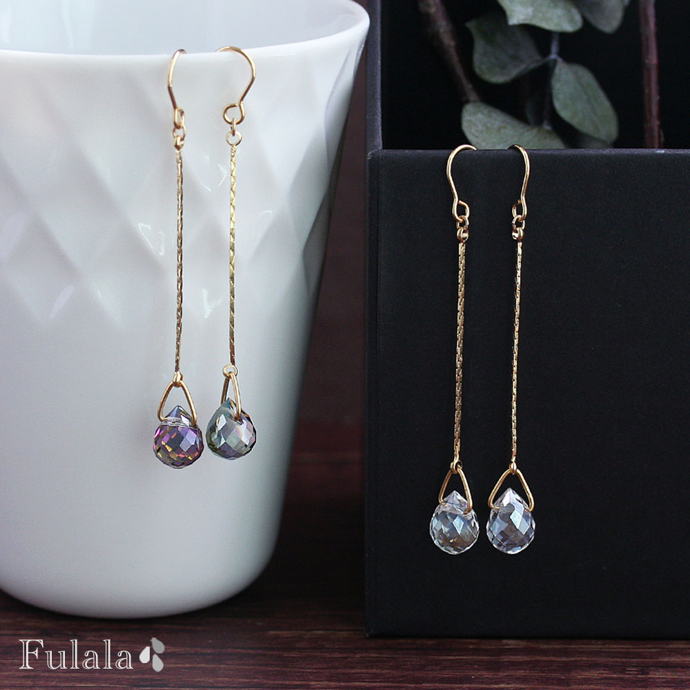 ピアス 金属アレルギー対応 カッティングが綺麗なガラスドロップのロングピアス 1ペア クリスタル グレーオーロラ イヤリング ステンレス 316L 樹脂ピアス チタンピアス サージカルステンレスピアス チェーン