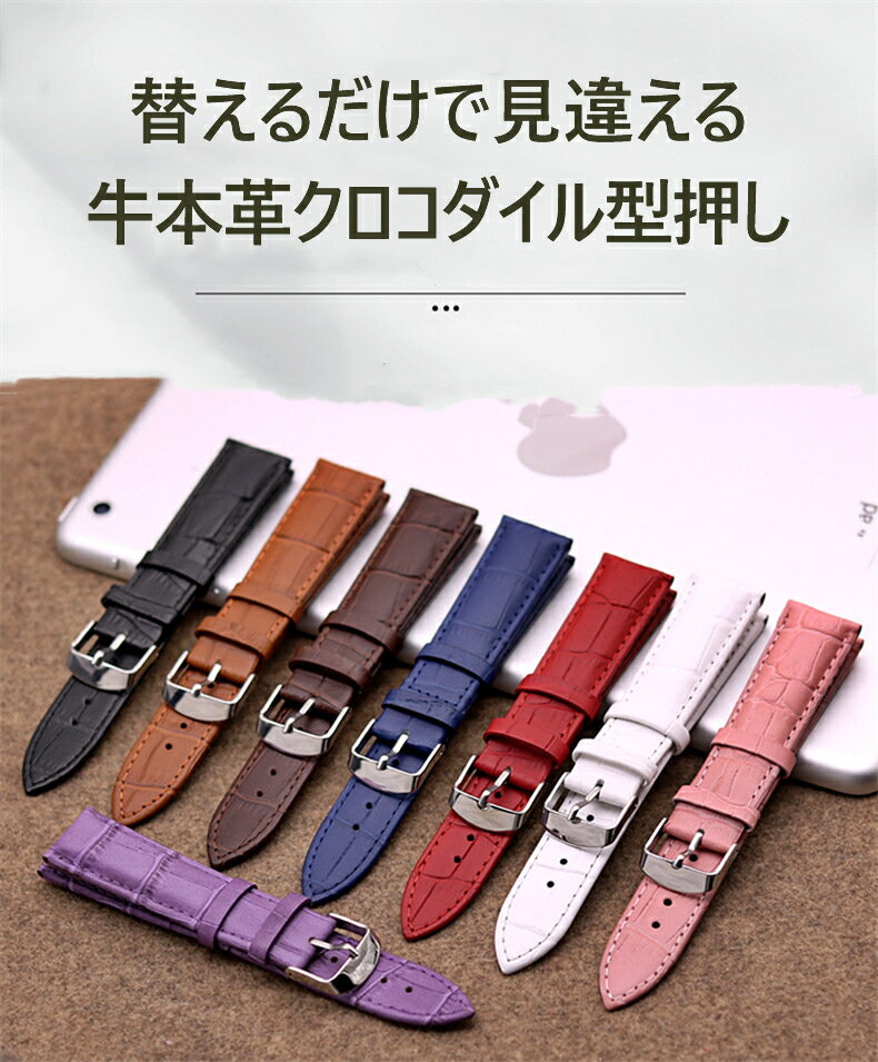腕時計ベルト 腕時計 バンド 交換用ベルト 本革バンド クロコダイル 革 腕時計 本牛革 レザー 薄め バネ棒・交換工具付 防水 防汗 軽量 時計バンド 交換ベ...