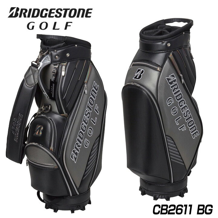 ブリヂストンゴルフ CB2611 スポーツモデル キャディバッグ BG(黒/ガンメタリック) カート型 9.5型 3.4kg 機能性充実の本格派スポーツモデル オール合成皮革でサイド面にBRIDGESTONE GOLFロゴを大きく配したスポーティデザインに、高い機能性を兼ね備えたモデル。 持ち運びに便利な口枠ハンドル付、使いやすい背面フルオープンポケットをはじめ収納ポケットも充実しています。 口枠は大口径9.5型の5分割仕切でクラブの出し入れもスムーズです。 本体素材 合成皮革 重量 3.4kg カラー BG(黒/ガンメタリック) ※フードカラー：BG（黒×黒） 原産国 中国（付属品含む） 口枠サイズ 9.5型 口枠素材 ポリエステルメッシュ 対応サイズ 47インチ対応 口枠 5分割 在庫につきまして ※在庫データは定期的に更新しておりますが、実店舗と在庫を共有している商品もございますので、日々在庫が変動しており、ご注文のタイミングによっては欠品・完売の場合がございます。 お取り寄せの商品につきましても、リアルタイムのメーカー在庫ではございませんので、予めご了承下さい。ご注文商品の在庫有無・納期につきましては、当店からのメールにてお知らせいたします。
