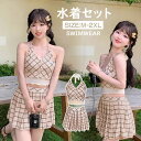 タンキニ レディース 2点セット チェック柄 Vネック 袖なし ワイヤーなし パッド付 着?せ シンプル セクシー 写真映え 撮影用 海 夏 サマー プール リゾート 可愛い かわいい 旅行 温泉 大人 女性用 ジュニア 学生 女の子 ママ水着 ブラウン