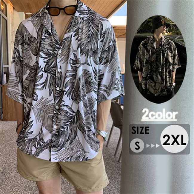 アロハシャツ モンステラ メンズ 半袖ビーチシャツ リーフ柄 グリーン ブラック S M L XL 2XL 復古する リゾートトップス dd195c0c0g5
