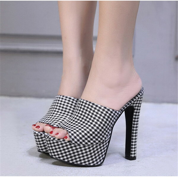 サンダル ミュール 厚底 ハイヒール 厚底サンダル レディース かかと あり ヒールサンダル ピンヒール アンクルストラップ キャバ セクシー クールサンダル 夏 ヒール14.5cm オープントゥ ファッション パーティー イベント チェック柄 結婚式 二次会 di806c0c0g5