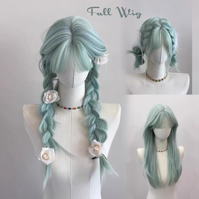 ウィッグ フルウィッグ ロング ミントグリーン 耐熱 編み込み可 前髪あり 自然 3スタイル対応 コスプレ ファッション