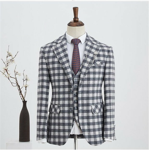 フォーマルスーツ カジュアル メンズスーツ ビジネススーツ 3点セット 礼服 紳士服 2ツボタン メンズ ジャケット ベスト ズボン おしゃれスーツ 結婚式 二次会 チェック柄スーツ メンズ ビジネス eg245c0c0g5