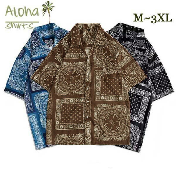 アロハシャツ メンズ レディース 総柄 ハワイアン 和柄 カシューナッツ 民族風 大きいサイズ ポケット ブラック レッド ブルー 夏 祭り 海 アウトドア 半...