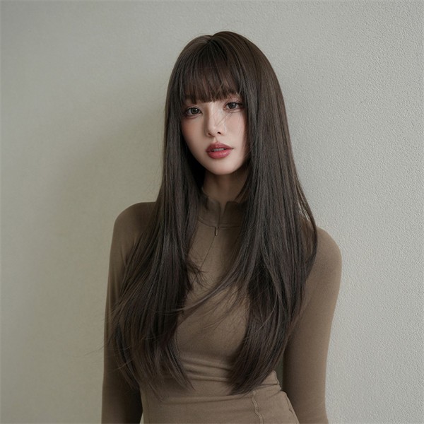 ウィッグ ロング ストレート シャギー レイヤーカット ブラウン 茶髪 前髪ぱっつん 前髪あり フルウィッグ ロングウィッグ 可愛い コスレ ロリータ ゴスロリ...