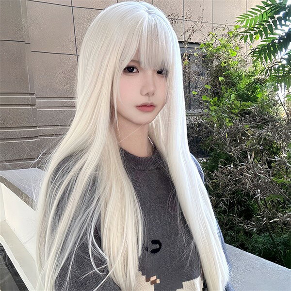 ウィッグ ロング ストレート ホワイト 白髪 前髪あり 前髪ぱっつん フルウィッグ ロングウィッグ 可愛い コスレ ロリータ ゴスロリ 原宿 レディース コスチ...