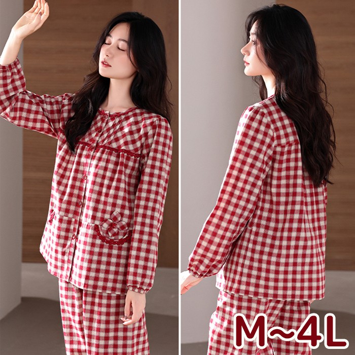 パジャマ チェック柄 ルームウェア 綿 レディース 長袖 上下セット レッド 赤 前開き コットン 部屋着 寝間着 春 秋 可愛い かわいい 入院 ウエストゴム...