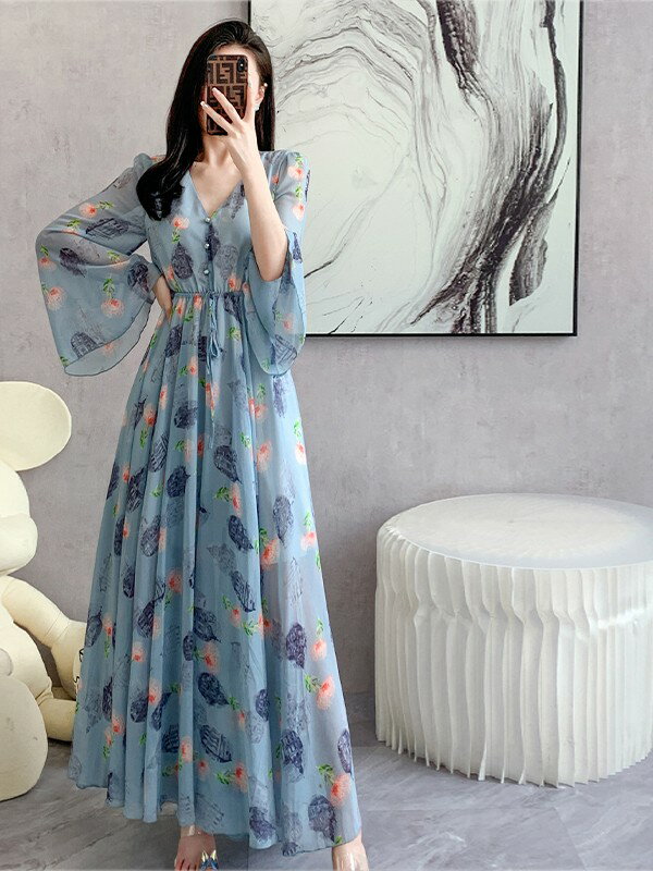 リゾートワンピース レディース サマードレス ロング ロングドレス マキシ丈ワンピース 長袖 シフォン 透け Aライン ハワイ 沖縄 旅行用 大人 20代 30代 40代 可愛い お洒落 花柄 ふんわり フェミニン 薄手 リゾートファッション 体型カバー シースルー かわいい おしゃれ