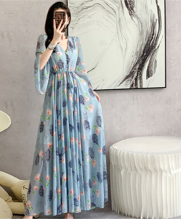 リゾートワンピース レディース サマードレス ロング ロングドレス マキシ丈ワンピース 長袖 シフォン 透け Aライン ハワイ 沖縄 旅行用 大人 20代 30代 40代 可愛い お洒落 花柄 ふんわり フェミニン 薄手 リゾートファッション 体型カバー シースルー かわいい おしゃれ