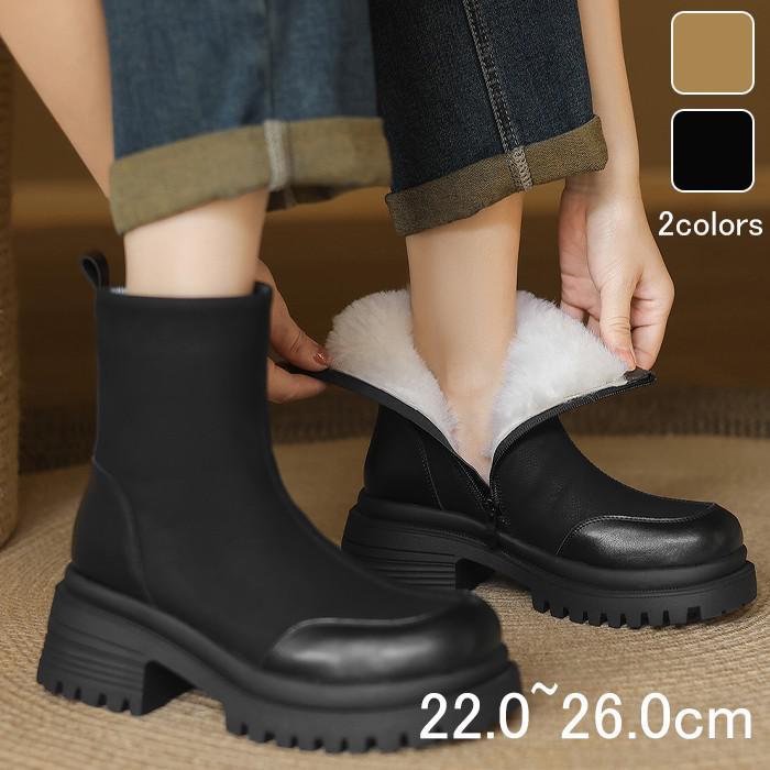 本革 ブーツ ショートブーツ レディース 裏起毛 厚底 サイドジップ 防寒 あったか 美脚 ファー付き もこもこ 滑り止め 歩きやすい 脚長効果 保温 冬靴 カジュアル 通勤 通学 秋冬 ショート丈 ブラック ブラウン 小さいサイズ 大きいサイズ おしゃれ