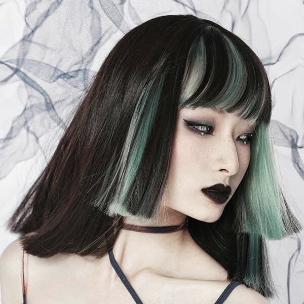 フルウィッグ 黒髪 姫カット ふんわり前髪 ぱっつん前髪 かつら 女性 ロリータ lolita インナーカラー ブラック グリーン 前髪あり 自然 可愛い キュート ウイッグ wig コスプレ 耐熱ウィッグ コスチューム 仮装 文化祭 学園祭 演劇 舞台 イベント 変装 女装 dp078g5g5g5