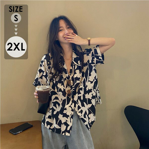 アロハシャツ レディース 夏物 リゾート 夏物 シンプルデザイン ヴィンテージ風 ハワイアン フリーサイズ 開襟 半袖 花柄 オープンカラー カジュアル ストリート ぽっちゃり dk006m3m3g5