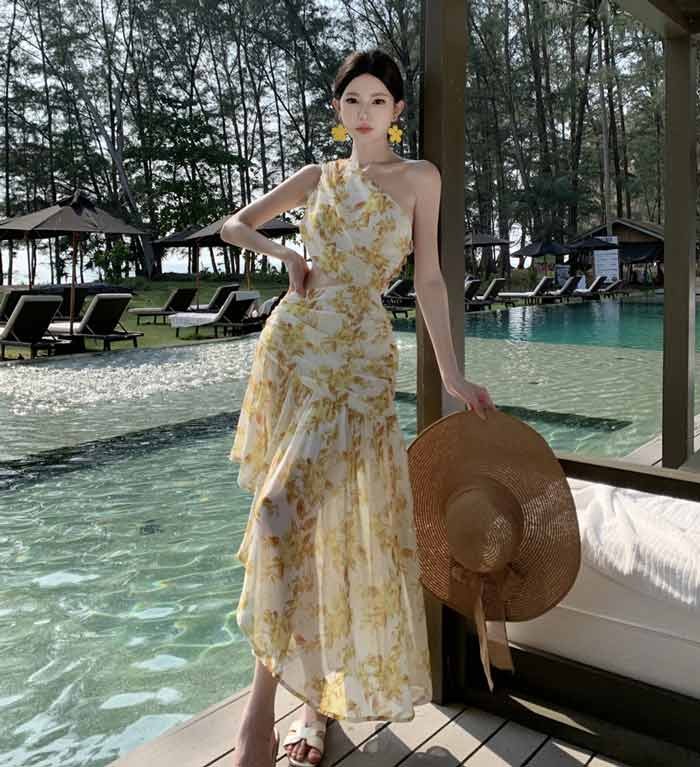 リゾートワンピース リゾートワンピ ハワイ リゾート ワンピース ハワイアン ワンショルダー レディース 夏ワンピ イエロー フィッシュテール 腰だし ロング丈 体型カバー きれいめ 日常 大人 カジュアル 春夏 旅行 海デート S M L dn067m3m3c6 fullgrace-10035596 フルグレース サンプル画像2