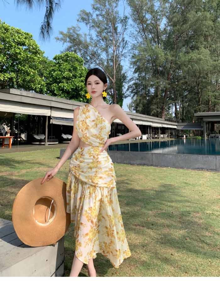 リゾートワンピース リゾートワンピ ハワイ リゾート ワンピース ハワイアン ワンショルダー レディース 夏ワンピ イエロー フィッシュテール 腰だし ロング丈 体型カバー きれいめ 日常 大人 カジュアル 春夏 旅行 海デート S M L dn067m3m3c6 fullgrace-10035596 フルグレース サンプル画像3