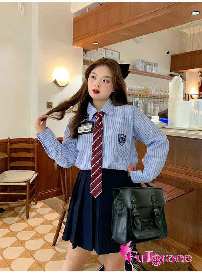 フルグレースの制服 シャツセット スカート 大きいサイズ 上下セット スクールスカート プリーツスカート ミニ丈 42cm 48cm 大きいサイズ 卒業式 入学式 ぽっちゃり 学生制服 レディース 春 高校生 学生服 通学 女の子 女子高校 JK制服 jk 可愛い ブルー ma002m3m3n1｜アングル2