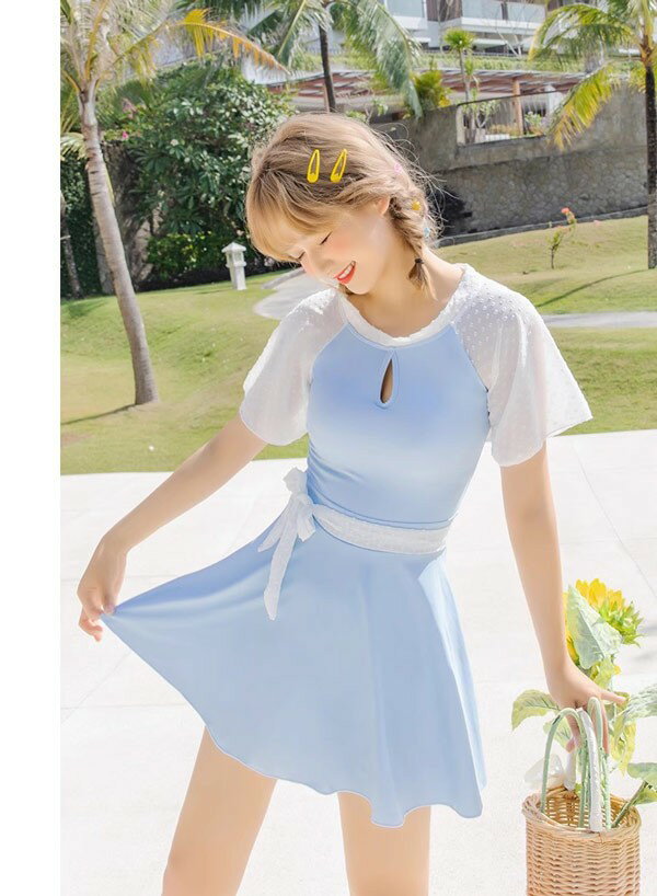 ワンピース水着 服みたいな 水着 2点セット リボン 半袖 無地 切り替え 水玉柄 ワイヤーなし パッド付 レディース 着瘦せ カジュアル シンプル セクシー 露出控えめ 写真映え 撮影用 海 夏 サマー プール リゾート かわいい 旅行 温泉 大人 女性用 ジュニア 学生 女の子