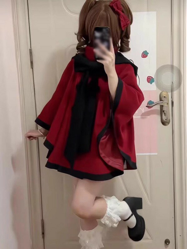 ポンチョコート ロリータ リボン 冬服 ケープ ポンチョ レディース ジャケット ショートコート ショート丈 アウター 小柄 可愛い 学生 通学 通勤 着痩せ 女の子 秋 冬 衣装 防寒 オシャレ 柔らかい 軽い着心地 暖かい ふんわり カジュアル S M L dg631m4m4x0