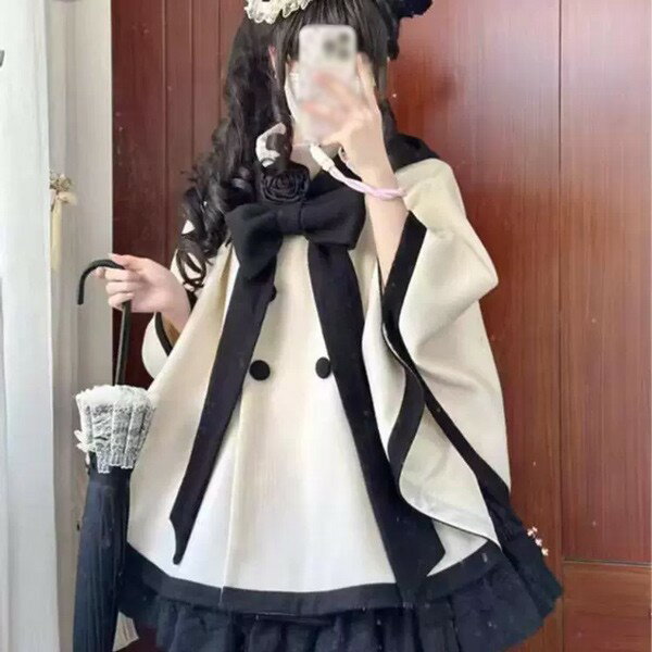 ポンチョコート ロリータ リボン 冬服 ケープ ポンチョ レディース ジャケット ショートコート ショート丈 アウター 小柄 可愛い 学生 通学 通勤 着痩せ 女の子 秋 冬 衣装 防寒 オシャレ 柔らかい 軽い着心地 暖かい ふんわり カジュアル S M L dg631m4m4x0