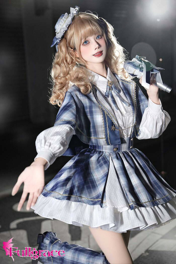 フルグレースのロリータ スカート セットアップ ブラウス マント追加可 レッグカバー追加可 リボン ゆめかわ アイドル 衣装 フリル 可愛い 萌え萌え 友達 姉妹 プレゼント ショート丈 ミニ レディース コスチューム 仮装 演出 ステージ イベント ハロウィン 学園祭 文化祭 ブルー S M L｜アングル2