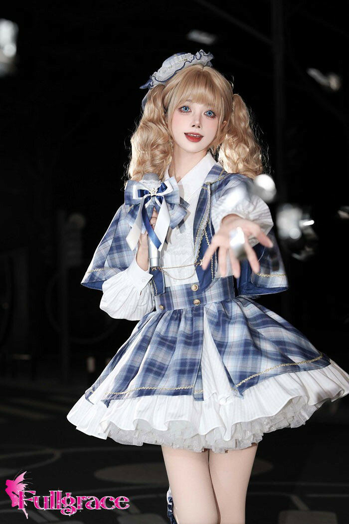 フルグレースのロリータ スカート セットアップ ブラウス マント追加可 レッグカバー追加可 リボン ゆめかわ アイドル 衣装 フリル 可愛い 萌え萌え 友達 姉妹 プレゼント ショート丈 ミニ レディース コスチューム 仮装 演出 ステージ イベント ハロウィン 学園祭 文化祭 ブルー S M L｜アングル3