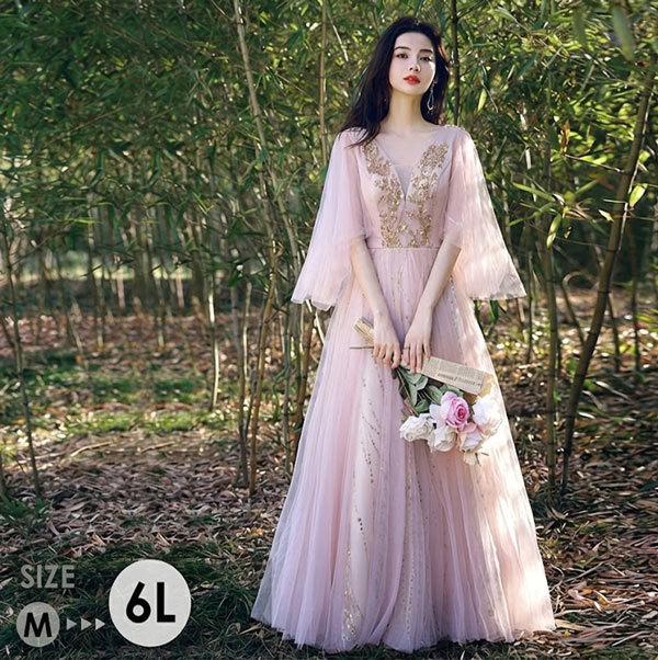 カラードレス ドレス 大人 ピアノ 発表会 演奏会 ピアノ発表会 演奏会用ドレス 結婚式 母親 ロングドレス 演奏会用ロングドレス 大きいサイズ 演奏会ドレス 袖付き カラードレス ゆめ可愛い パフ 高校生 パーティードレス コンクール イブニングドレス ピンク ba160n1n1c6