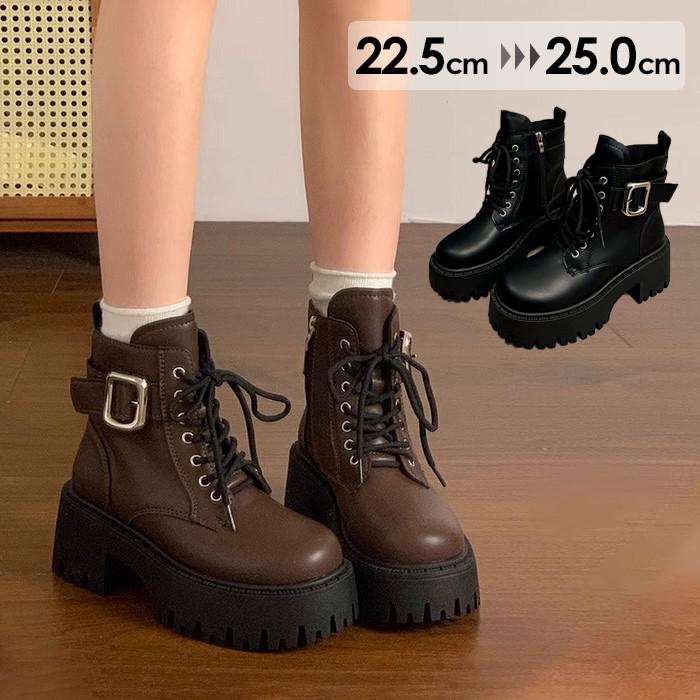 エンジニアブーツレディース ブーツ 厚底 レースアップ ショートブーツ サイドジップ ベルト付き 黒 茶色 おしゃれ 秋冬 カジュアル 韓国風 シューズ 大きい...