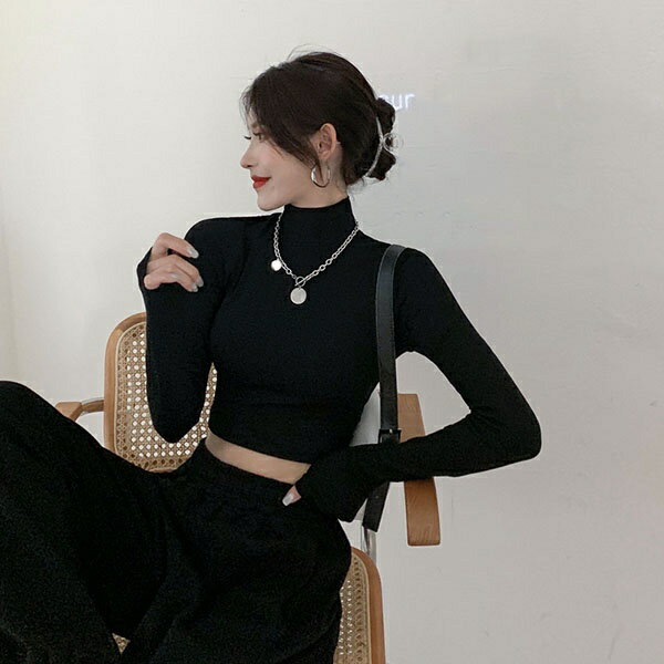 セクシー トップス へそ出し 短丈 ハイネック 長袖 レディース 黒 白 灰色 おしゃれ ショート 肌見せ 春 秋 冬 春物 秋物 カジュアル ハイウエスト クロップドトップ dd248n1n1n1
