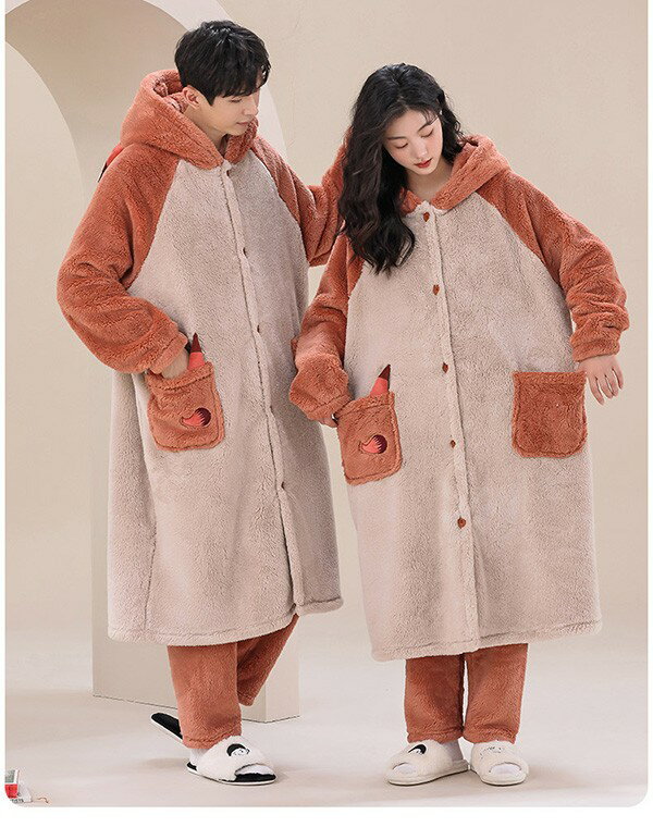 狐 ペアパジャマ 冬 ルームウェア もこもこ ペアパジャマ ナイトガウン レディース...