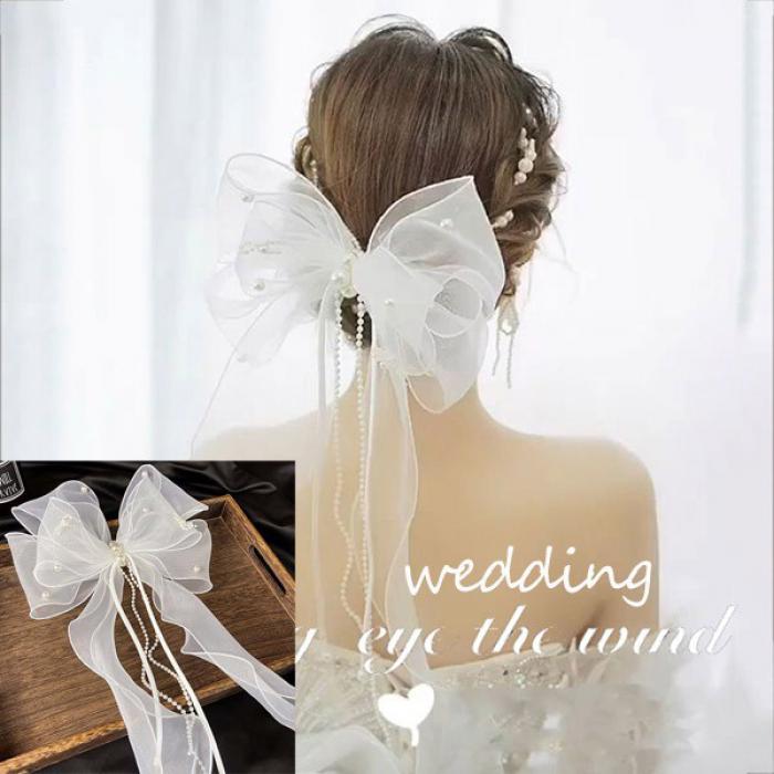 ヘアピン リボン パール ウェディング ブライダル 髪飾り 韓国風 パーティー 二次会 披露宴 花嫁 結婚式 前撮り 後撮り 演奏会 謝恩会 演出 イベント お呼ばれ 舞台 成人式 撮影用 ヘアアクセ ヘアアクセサリー 白 かわいい シンプル エレガント 豪華 森ガール cm043t2t2n1