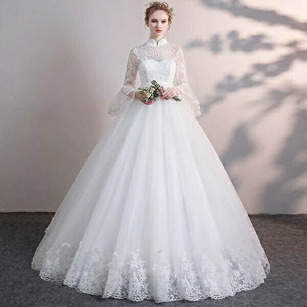 花嫁 ウェディングドレス ハイウエスト 妊婦もOK 大きいサイズ 袖あり 着痩せ 結婚式 二次会 編み上げタイプ レース ロングドレス ウエディングドレス 撮影...