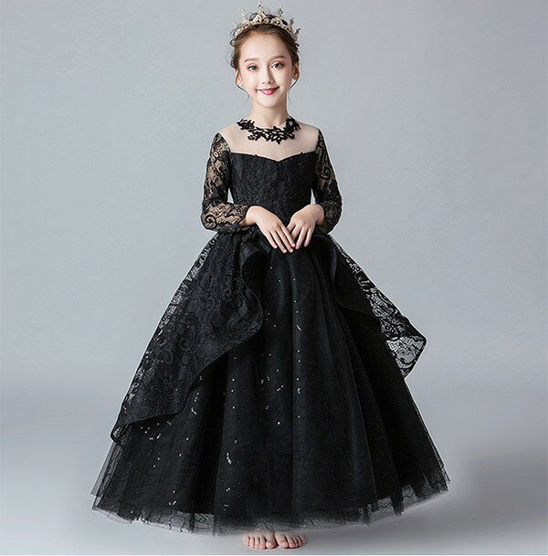 コスプレ ドレス 衣装 キッズ 子供服 ハロウィン 魔女 悪魔 カチューシャ ウィッチ 女の子 ワンピース 長袖 レース 透け感 ロング丈 イリュージョン バッスルライン コスプレ衣装 コスチューム 可愛い パーティ イベン 仮装 ブラック 100 110 120 130 140 150 ec080t2t2g5
