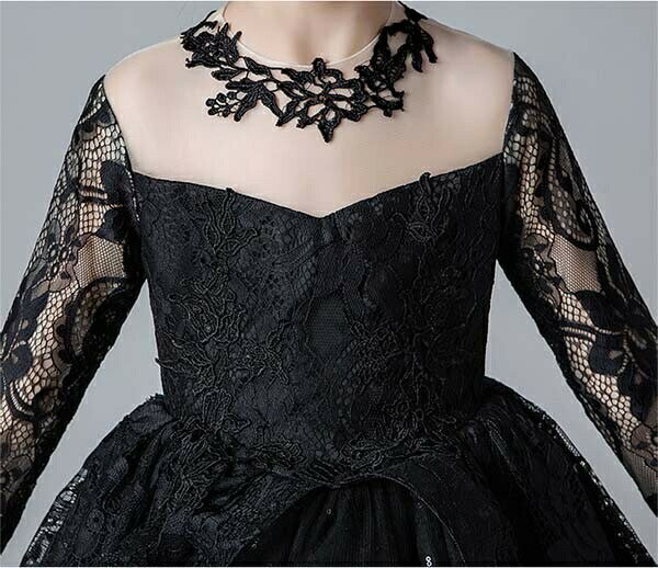 コスプレ ドレス 衣装 キッズ 子供服 ハロウィン 魔女 悪魔 カチューシャ ウィッチ 女の子 ワンピース 長袖 レース 透け感 ロング丈 イリュージョン バッスルライン コスプレ衣装 コスチューム 可愛い パーティ イベン 仮装 ブラック 100 110 120 130 140 150 ec080t2t2g5