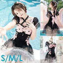 ワンピース水着 レディース 水着 体型カバー ロリータ風 可愛い かわいい フリル 透明感あり 水玉 ドット リボン 着?せ 撮影 温泉 プール ビーチ ピンク ブラック S M L ec100t2t2g5(4)