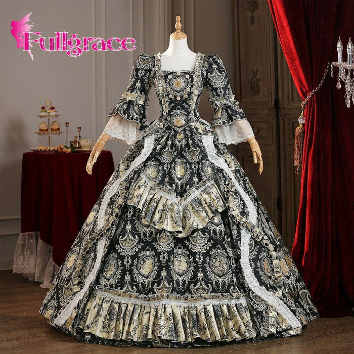 ロリータ お姫様ドレス ロココ調 中世風 貴族ドレス 舞台衣装 オペラ 演奏会 歌劇 パーティー ジャガード ロング Aライン サイズ指定 da010x0x0c6