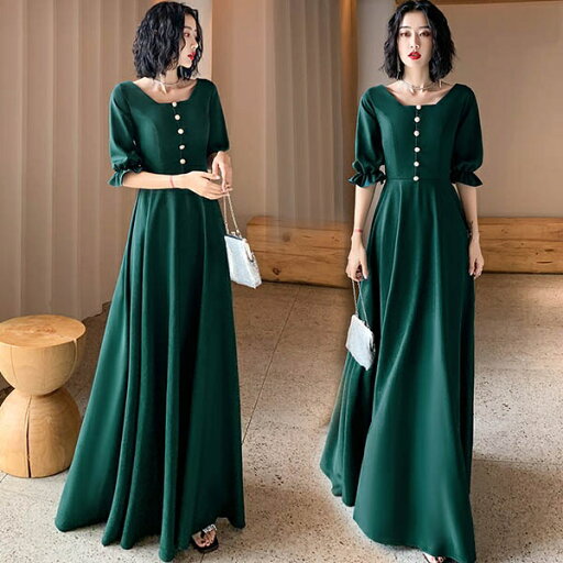 ドレス 大人 ピアノ 発表会 演奏会用ドレス ロングドレス 演奏会 イブニングドレス 結婚式 母親 ピアノ発表会 中学生 パーティードレス 発表会ドレス 高校生 コンクール ロング 緑 バブルスリーブ スクエアネック スタイルいい ノースリーブ ファスナー式 da054x1x1n1