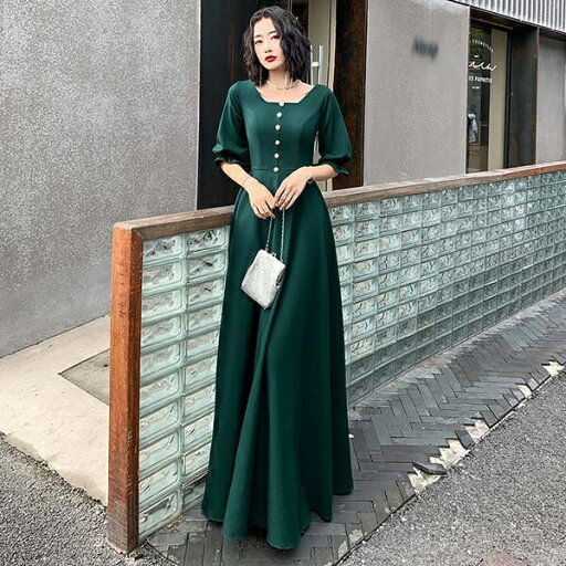 ドレス 大人 ピアノ 発表会 演奏会用ドレス ロングドレス 演奏会 イブニングドレス 結婚式 母親 ピアノ発表会 中学生 パーティードレス 発表会ドレス 高校生 コンクール ロング 緑 バブルスリーブ スクエアネック スタイルいい ノースリーブ ファスナー式 da054x1x1n1