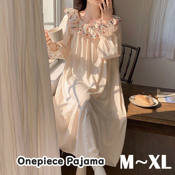 ワンピース パジャマ ルームウェア 春 夏 ネグリジェ レース リボン プリンセス風 透け感 レディース エレガント 長袖 ゆったり ロング丈 大きいサイズ 部屋着 寝巻き 韓国風 きれいめ おしゃれ シンプル 可愛い かわいい 春秋 ナイトロープ dh061x1x1c6