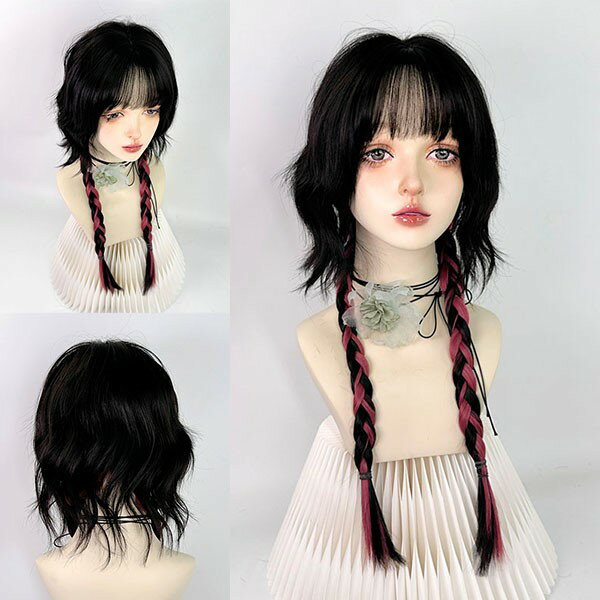 ウィッグ フルウィッグ ブラック 黒 レッドメッシュ クラゲヘア ロング 姫カット レディース ハロウィン ふんわり前髪 ナチュラル 原宿風 かつら コスプレ 可愛い 仮装 大人用 普段使い イベント 女装 発表会 文化祭 学園祭 学芸会 舞台 演劇 変装 小道具 dp153x1x1c6