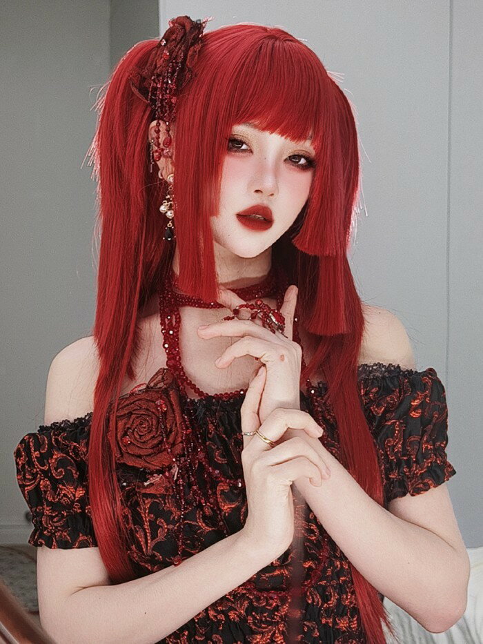 姫カット 中世の貴族風 ストレート レッド 赤髪 フルウィッグ かつら 女性 長髪 ロングウィッグ ロングヘア ロリータ lolita 前髪あり 自然 可愛い wig コスプレ 耐熱ウィッグ 小顔効果 コスチューム 仮装 文化祭 学園祭 演劇 舞台 イベント 変装 女装 dp245x1x1x0