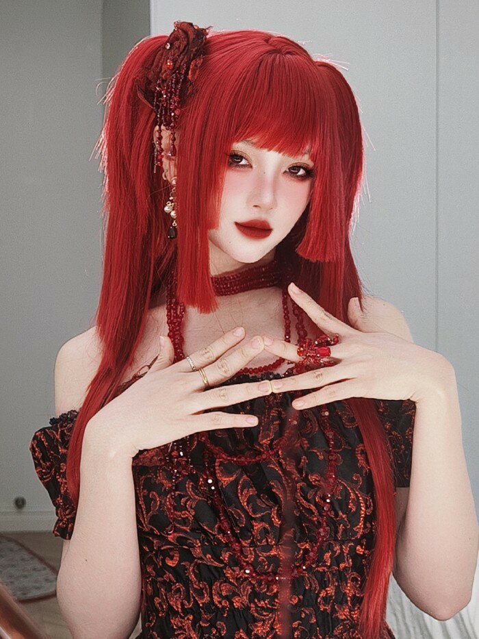 姫カット 中世の貴族風 ストレート レッド 赤髪 フルウィッグ かつら 女性 長髪 ロングウィッグ ロングヘア ロリータ lolita 前髪あり 自然 可愛い wig コスプレ 耐熱ウィッグ 小顔効果 コスチューム 仮装 文化祭 学園祭 演劇 舞台 イベント 変装 女装 dp245x1x1x0