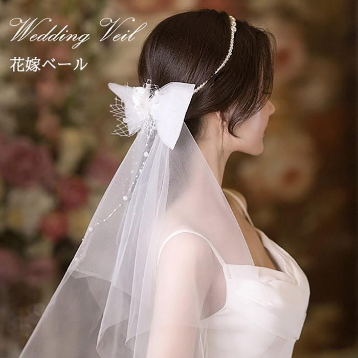 ウエディングベール 50cm ウェディングベール カチューシャ リボン 個性的 前サテン 後レース ショート ベール レース 刺繍 透け感 フェイスアップ ベールダウン フィンガーチップ 2層 2段 柔らか ホワイト ds119x1x1n1