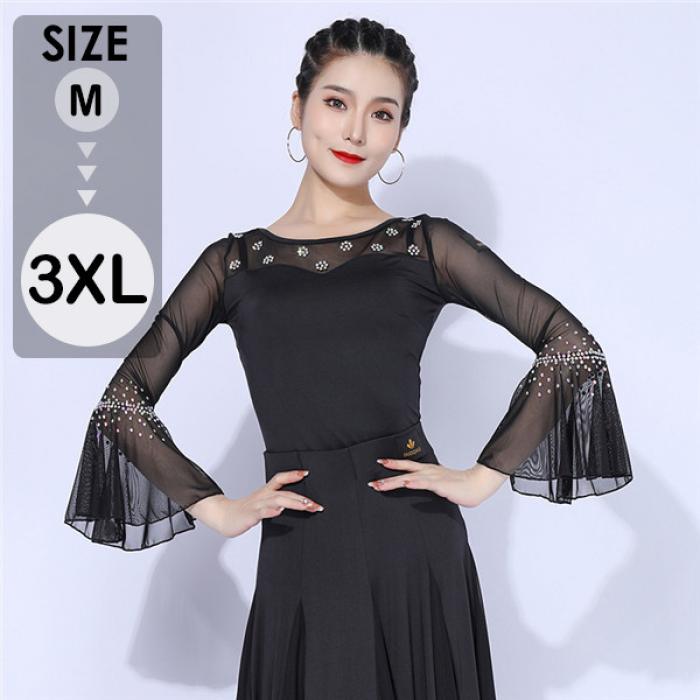 社交ダンス トップス 女性 衣装 長袖 黒 ブラック フリル 上着 競技着 モダン ラテン レディース 社交 ..