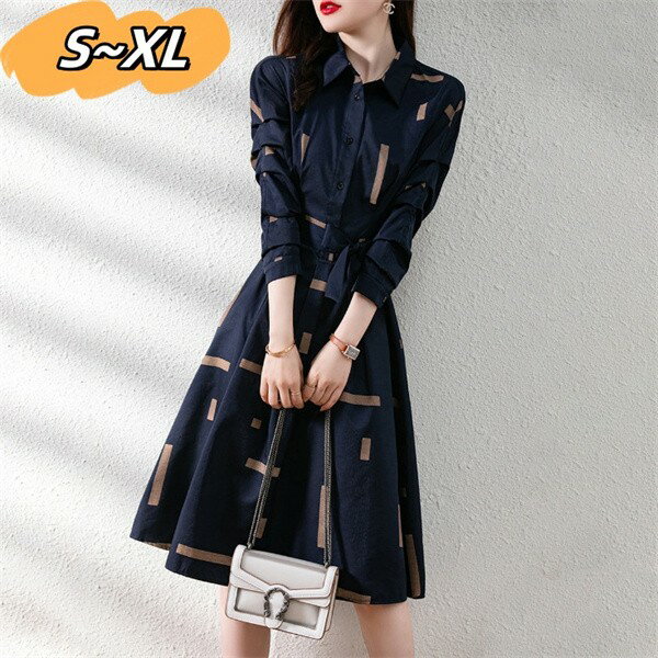 春秋新作 シンプル ブロック ジオメトリック柄 ウエストベルト スリム シャツワンピース