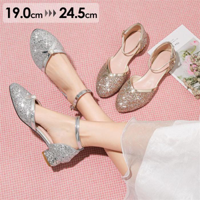 パンプス キラキラ ヒール3cm 太いヒール ローヒール チャンキーヒール アーモンドトゥ ストラップ アンクルストラップ 上品 ゴージャス 結婚式 ピアノ 発表会 綺麗め パーティー シューズ 女の子 靴 イベント 謝恩会 演奏会 演出 小さいサイズ 19.0～24.5